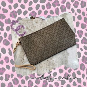 Michael Michael Kors Logo Zip Top Wristlet Pouch Brown Tan | Card Slots | EUC